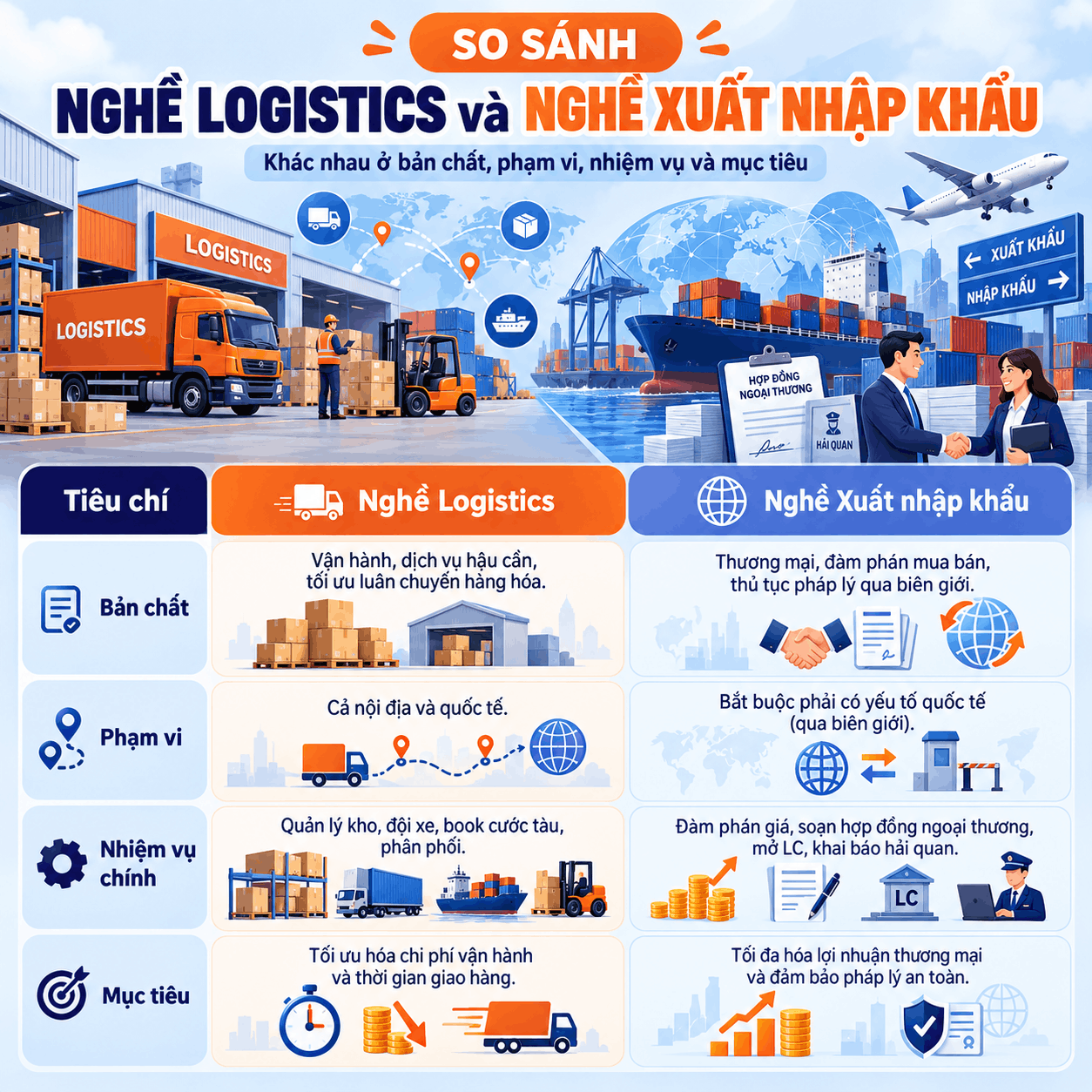 Logistics và Xuất nhập khẩu thể hiện rõ qua phạm vi xử lý vấn đề