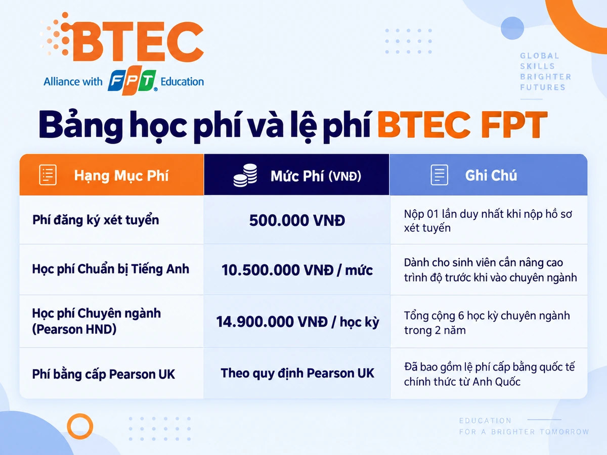 Bảng học phí và lệ phí ngành Kỹ thuật phần mềm BTEC FPT năm 2026 Thông tin về học phí ngành Kỹ thuật phần mềm BTEC FPT, bao gồm phí đăng ký xét tuyển, học phí tiếng Anh, học phí chuyên ngành Pearson HND và phí bằng cấp Pearson UK.