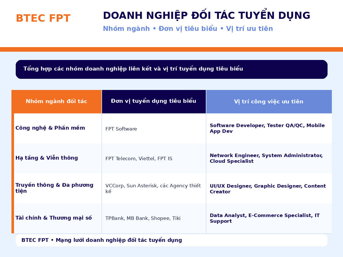 Nhóm doanh nghiệp đối tác tuyển dụng BTEC FPT và các vị trí việc làm ưu tiên Tổng hợp mạng lưới doanh nghiệp đối tác tuyển dụng BTEC FPT trong các lĩnh vực công nghệ, viễn thông, truyền thông, tài chính và thương mại số, kèm các vị trí tuyển dụng tiêu biểu.
