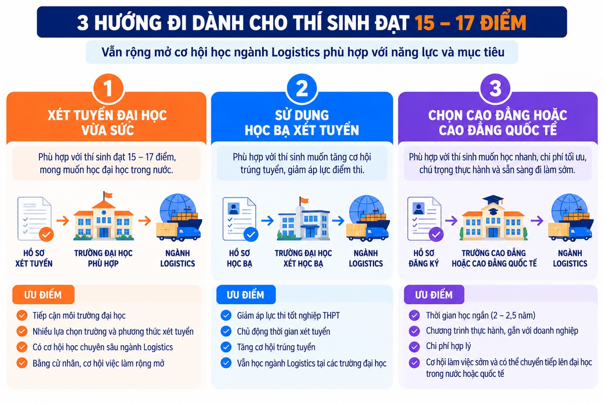 gợi ý 3 lựa chọn học ngành Logistics dành cho thí sinh đạt 15–17 điểm.
