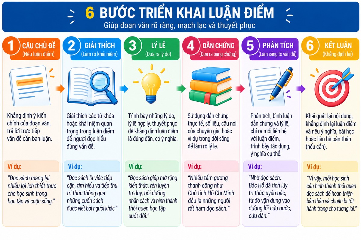 6 bước triển khai luận điểm gồm câu chủ đề, giải thích, lý lẽ, dẫn chứng, phân tích và kết luận hướng dẫn cách phát triển một luận điểm theo 6 bước, kèm câu ví dụ ngắn ở từng bước.
