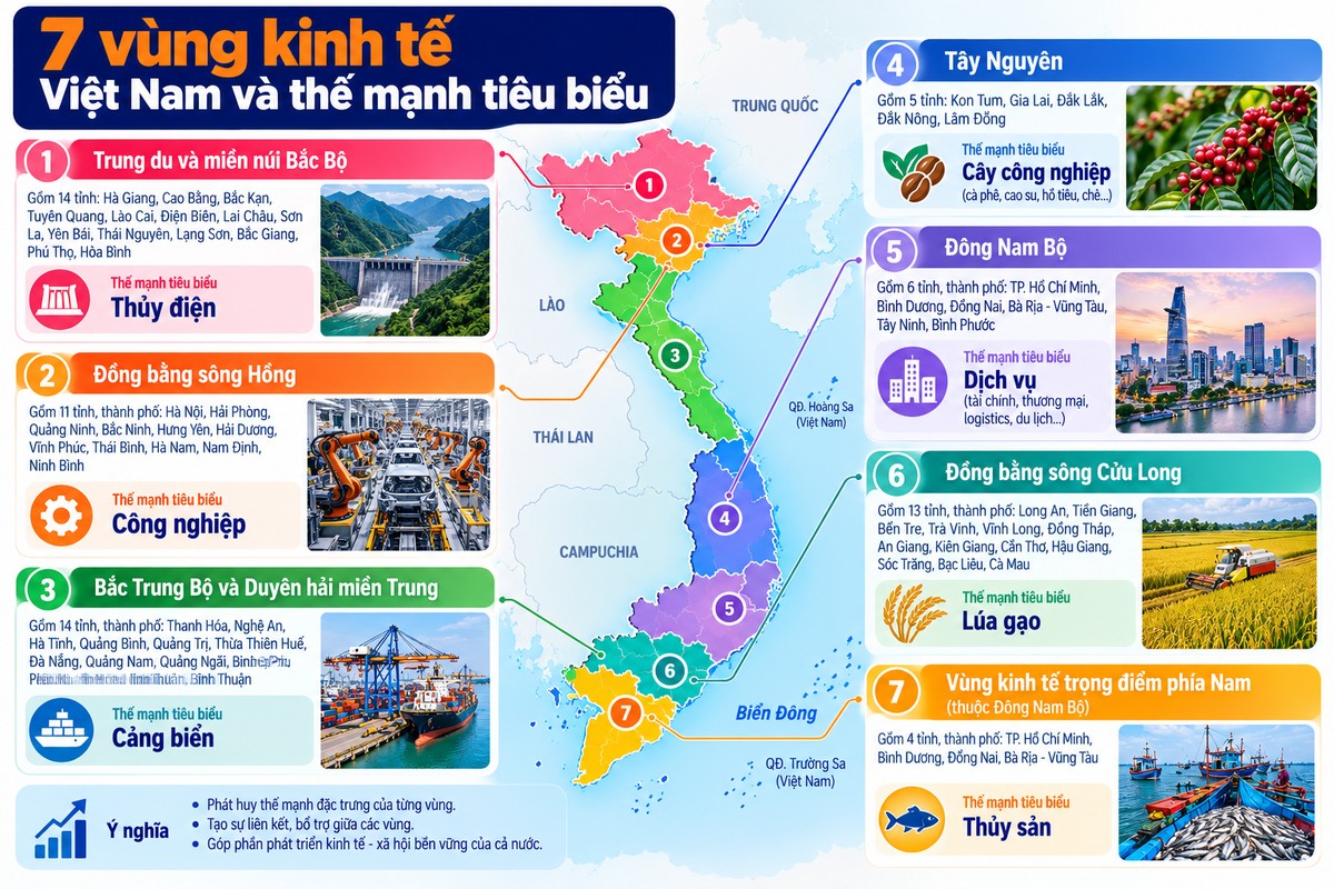 7 vùng kinh tế Việt Nam và thế mạnh tiêu biểu của từng vùng hệ thống 7 vùng kinh tế Việt Nam cùng các thế mạnh nổi bật như thủy điện, công nghiệp, cảng biển, cây công nghiệp, dịch vụ, lúa gạo và thủy sản.