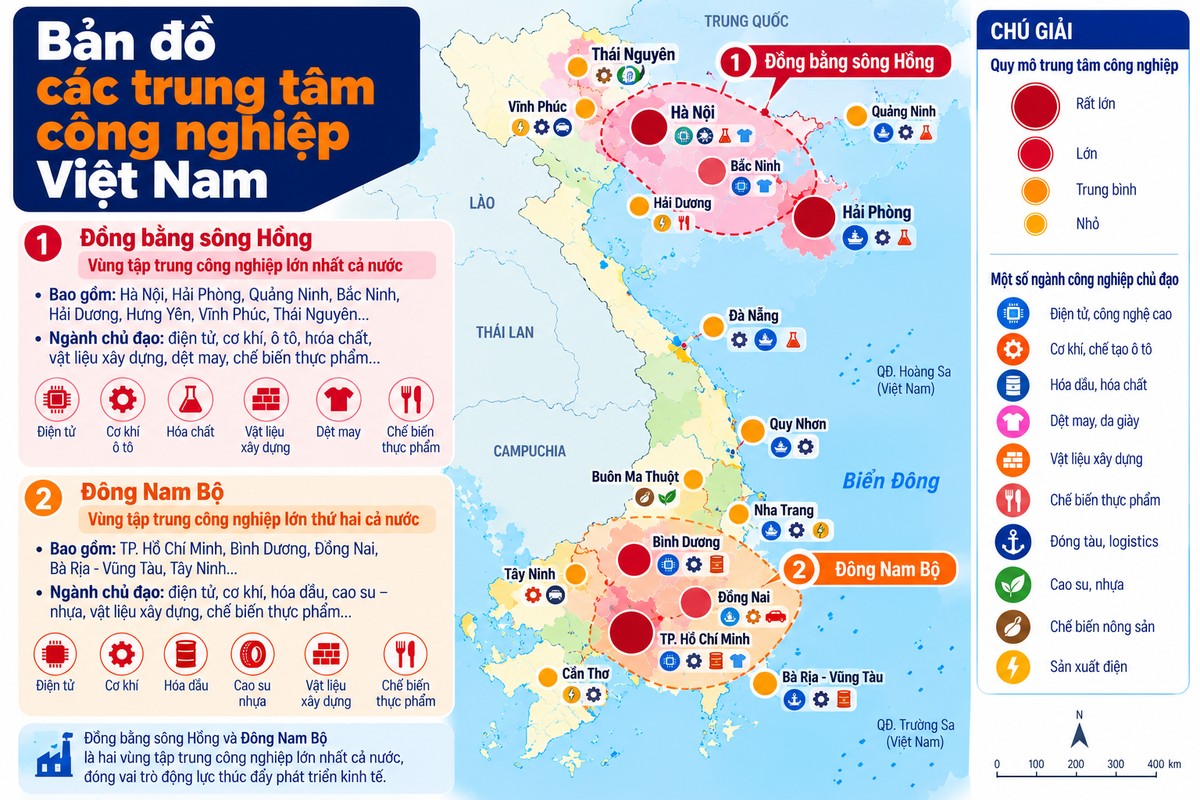 Bản đồ các trung tâm công nghiệp Việt Nam với quy mô và ngành công nghiệp chủ đạo Quy mô các trung tâm công nghiệp Việt Nam, ngành chủ đạo và hai vùng tập trung lớn là Đồng bằng sông Hồng và Đông Nam Bộ.