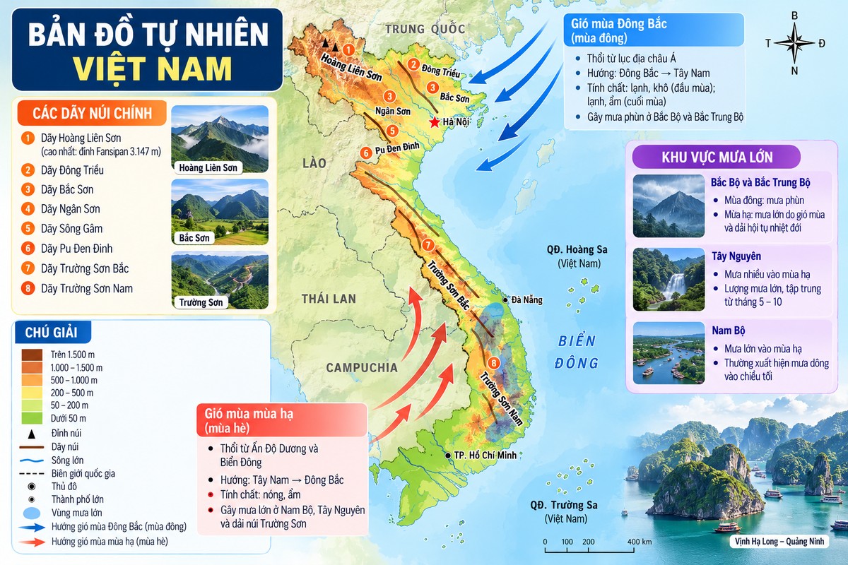 Bản đồ tự nhiên Việt Nam thể hiện gió mùa Đông Bắc, gió mùa mùa hạ, các dãy núi chính và khu vực mưa lớn bản đồ tự nhiên Việt Nam minh họa hướng gió mùa Đông Bắc, gió mùa mùa hạ, các dãy núi và những khu vực có lượng mưa lớn.