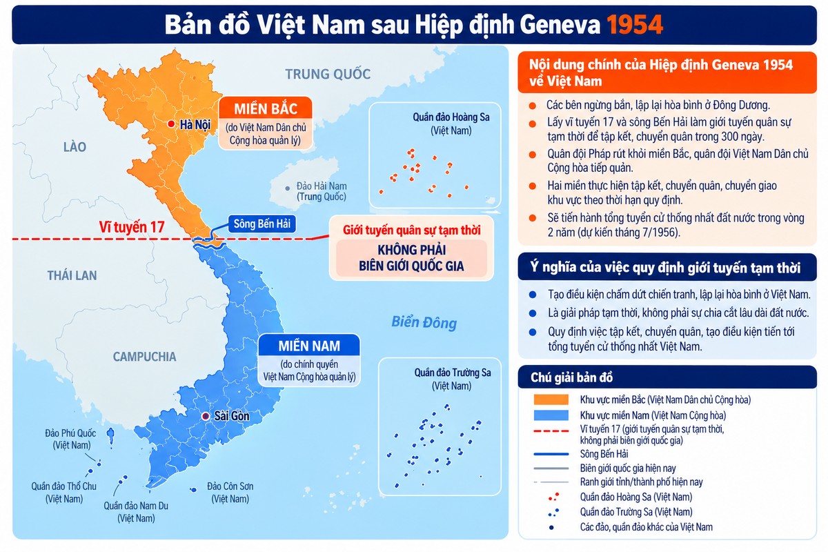 Bản đồ Việt Nam sau Hiệp định Geneva 1954 với vĩ tuyến 17, sông Bến Hải, miền Bắc, miền Nam Việt Nam sau Hiệp định Geneva 1954 với giới tuyến quân sự tạm thời ở vĩ tuyến 17, sông Bến Hải, hai khu vực tập kết