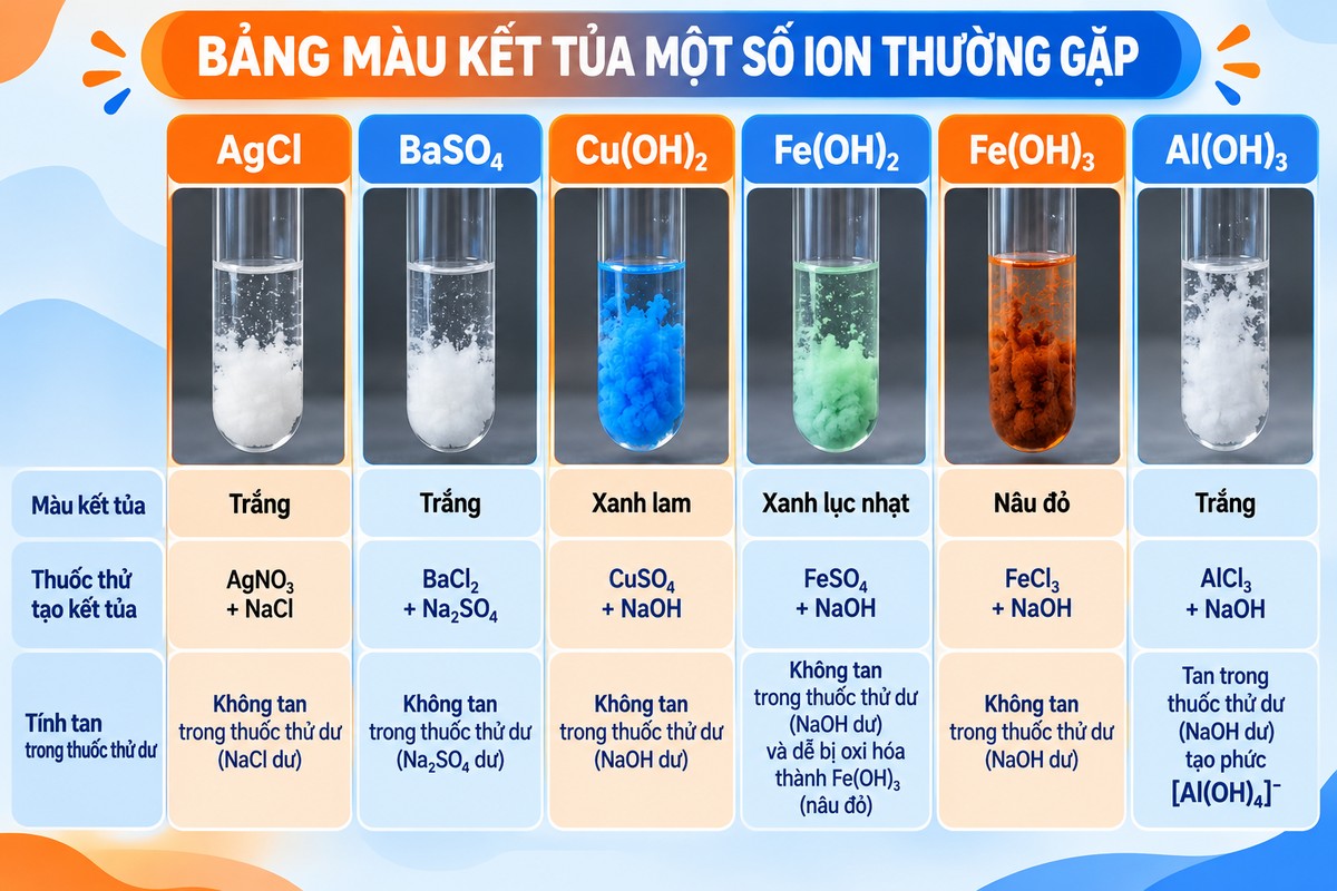 Bảng màu kết tủa AgCl, BaSO₄, Cu(OH)₂, Fe(OH)₂, Fe(OH)₃ và Al(OH)₃ tổng hợp màu kết tủa, thuốc thử tạo kết tủa và tính tan trong thuốc thử dư của sáu chất thường gặp.
