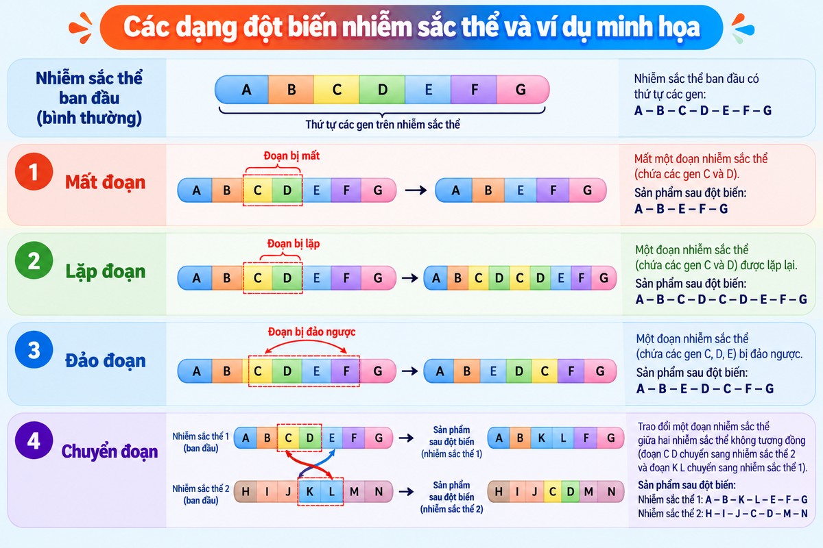 Sơ đồ các dạng đột biến nhiễm sắc thể gồm mất đoạn, lặp đoạn, đảo đoạn và chuyển đoạn so sánh nhiễm sắc thể bình thường với bốn dạng đột biến cấu trúc: mất đoạn, lặp đoạn, đảo đoạn và chuyển đoạn.