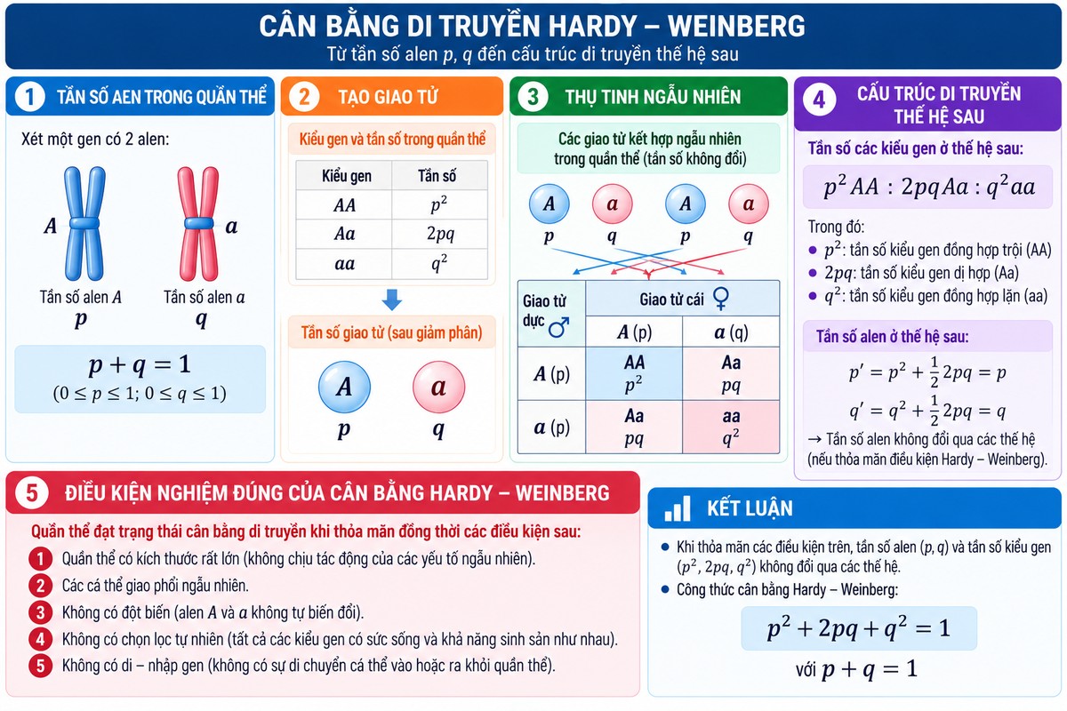 minh họa quá trình từ tần số alen p, q đến giao tử và cấu trúc thế hệ sau theo định luật Hardy–Weinberg.