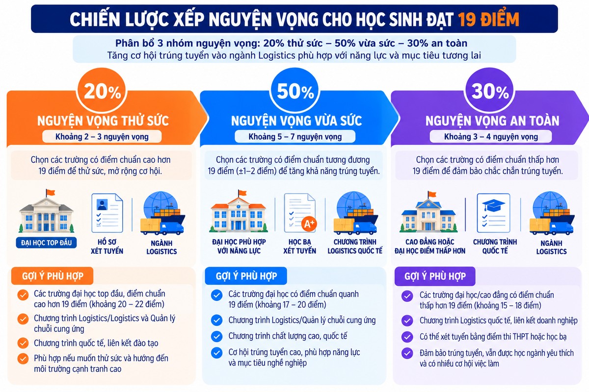 chiến lược xếp nguyện vọng cho học sinh đạt 19 điểm theo tỷ lệ 20% thử sức, 50% vừa sức và 30% an toàn gợi ý phân bổ nguyện vọng theo tỷ lệ 20% thử sức, 50% vừa sức và 30% an toàn cho thí sinh đạt khoảng 19 điểm.