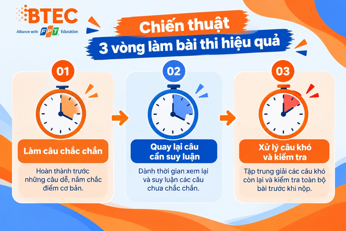 Chiến thuật 3 vòng làm bài thi gồm làm câu chắc chắn, quay lại câu cần suy luận, xử lý câu khó và kiểm tra Chiến thuật 3 vòng làm bài thi gồm làm câu chắc chắn, quay lại câu cần suy luận, xử lý câu khó và kiểm tra