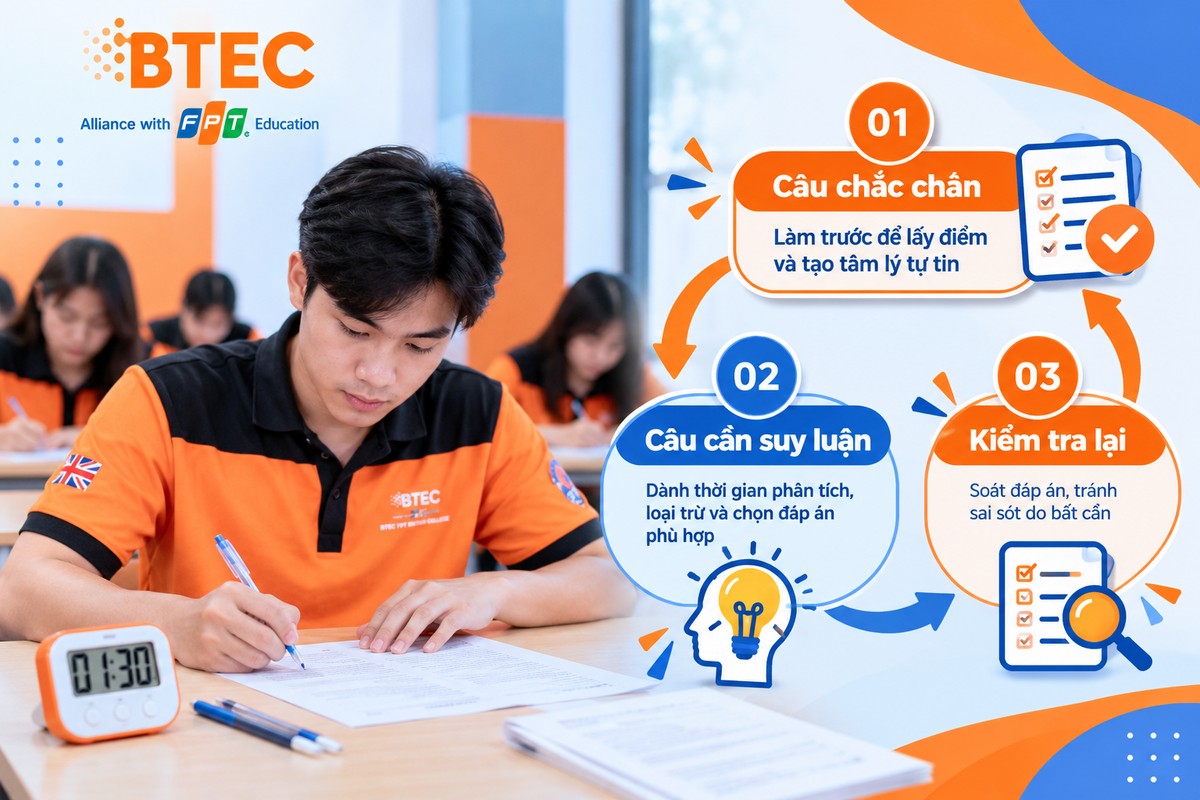 Học sinh làm đề thi thử với chiến thuật ba vòng Câu chắc chắn – Câu cần suy luận – Kiểm tra lại Chiến thuật ba vòng giúp học sinh ưu tiên câu chắc chắn, dành thời gian cho câu cần suy luận và kiểm tra lại toàn bộ bài trước khi nộp.