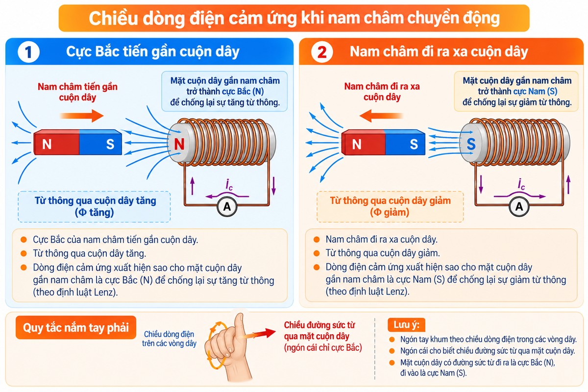 Chiều dòng điện cảm ứng khi cực Bắc nam châm tiến gần và đi ra xa cuộn dây theo định luật Lenz minh họa chiều dòng điện cảm ứng khi cực Bắc nam châm tiến gần hoặc đi ra xa cuộn dây, kết hợp định luật Lenz và quy tắc nắm tay phải.