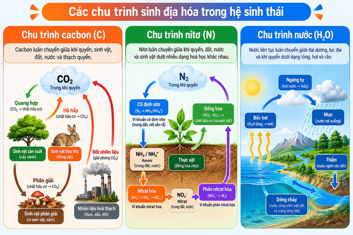 chu trình sinh địa hóa cacbon, nitơ và nước trong hệ sinh thái tổng hợp ba chu trình sinh địa hóa chính gồm cacbon, nitơ và nước cùng các quá trình chuyển hóa quan trọng.