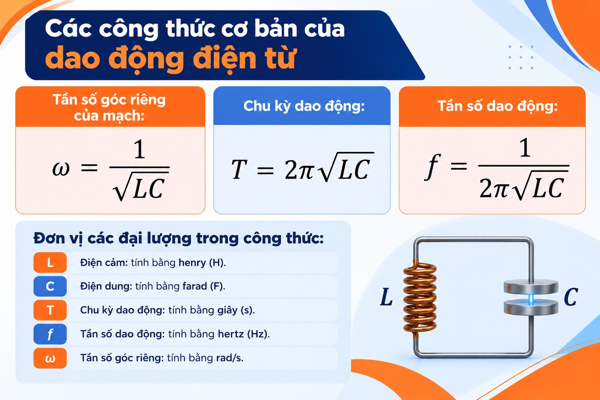Tổng hợp công thức tần số góc riêng, chu kỳ và tần số dao động của mạch LC kèm đơn vị các đại lượng.