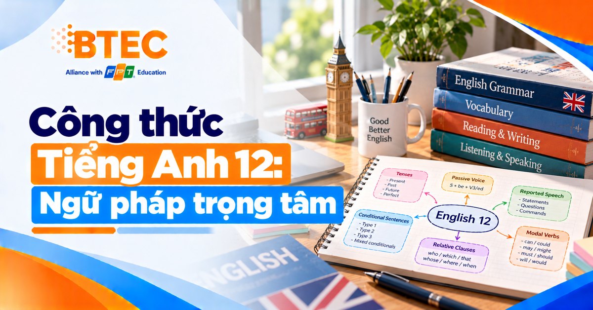 Tổng hợp công thức ngữ pháp Tiếng Anh 12 theo từng chủ điểm, giúp học sinh ghi nhớ cấu trúc, phân biệt cách sử dụng và ôn tập hiệu quả.