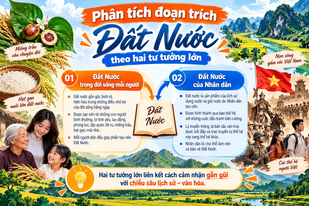 Sơ đồ hai tư tưởng lớn trong đoạn trích Đất Nước: Đất Nước trong đời sống mỗi người và Đất Nước của Nhân dân hệ thống hai tư tưởng lớn trong đoạn trích Đất Nước, kết nối cảm nhận gần gũi đời thường với chiều sâu lịch sử – văn hóa.