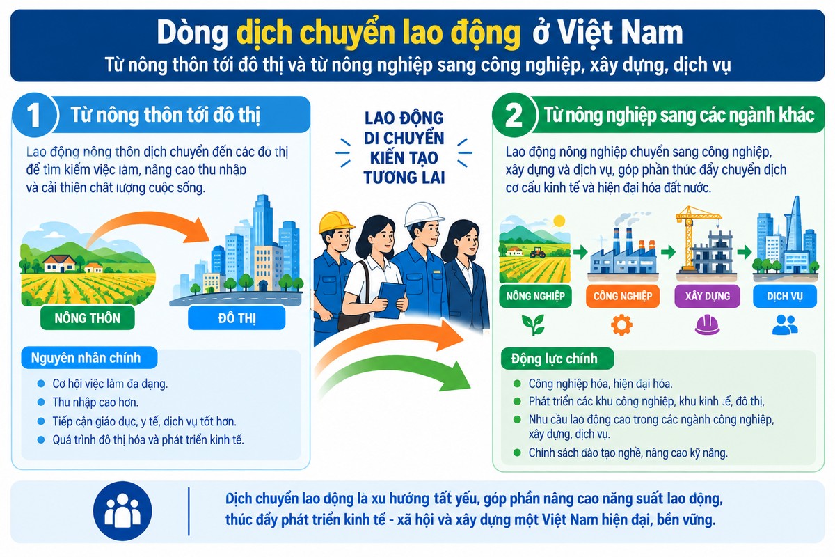 dòng dịch chuyển lao động từ nông thôn tới đô thị và từ nông nghiệp sang công nghiệp, xây dựng, dịch vụ thể hiện xu hướng lao động dịch chuyển từ nông thôn tới đô thị và từ nông nghiệp sang công nghiệp, xây dựng, dịch vụ.