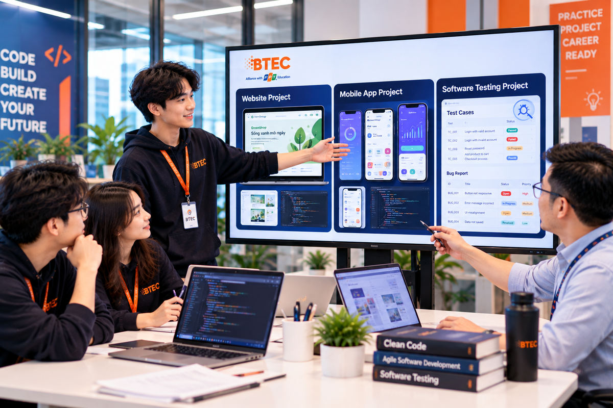 Dự án thực hành khi học Kỹ thuật phần mềm trong 2 năm Hình ảnh sinh viên BTEC FPT trình bày Portfolio gồm dự án website, ứng dụng di động và kiểm thử phần mềm trước mentor, thể hiện năng lực thực hành trong lộ trình học Kỹ thuật phần mềm 2 năm.