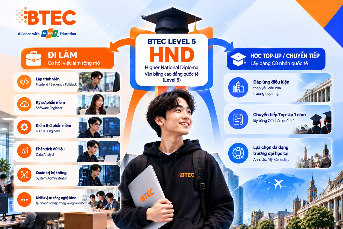 Giá trị bằng HND trong chương trình Kỹ thuật phần mềm BTEC FPT Minh họa hai hướng sau khi hoàn thành Pearson BTEC Level 5 HND: đi làm ở các vị trí công nghệ phù hợp hoặc đáp ứng điều kiện chuyển tiếp Top-Up để lấy bằng Cử nhân.