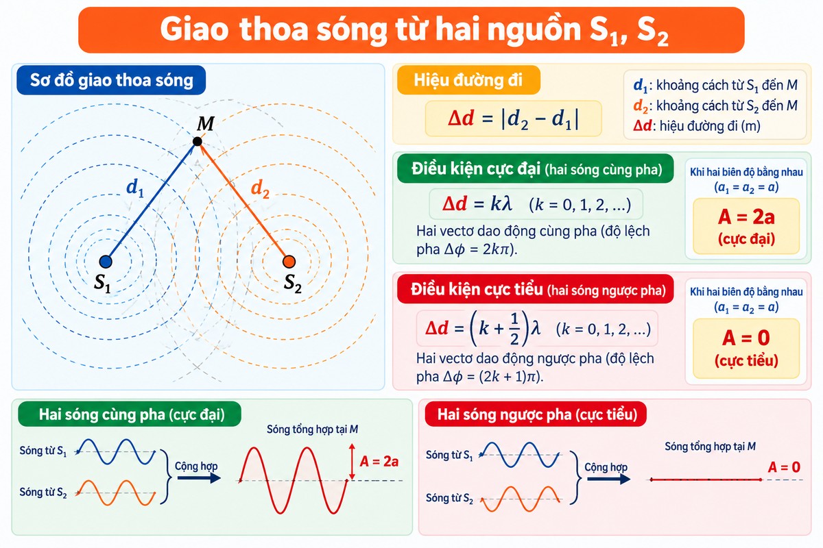 Sơ đồ giao thoa sóng từ hai nguồn S₁, S₂ đến điểm M với d₁, d₂, hiệu đường đi Δd, cực đại A = 2a và cực tiểu A = 0 Sơ đồ minh họa hai nguồn \(S_1, S_2\) truyền sóng đến điểm \(M\), thể hiện hiệu đường đi và điều kiện cùng pha – ngược pha.