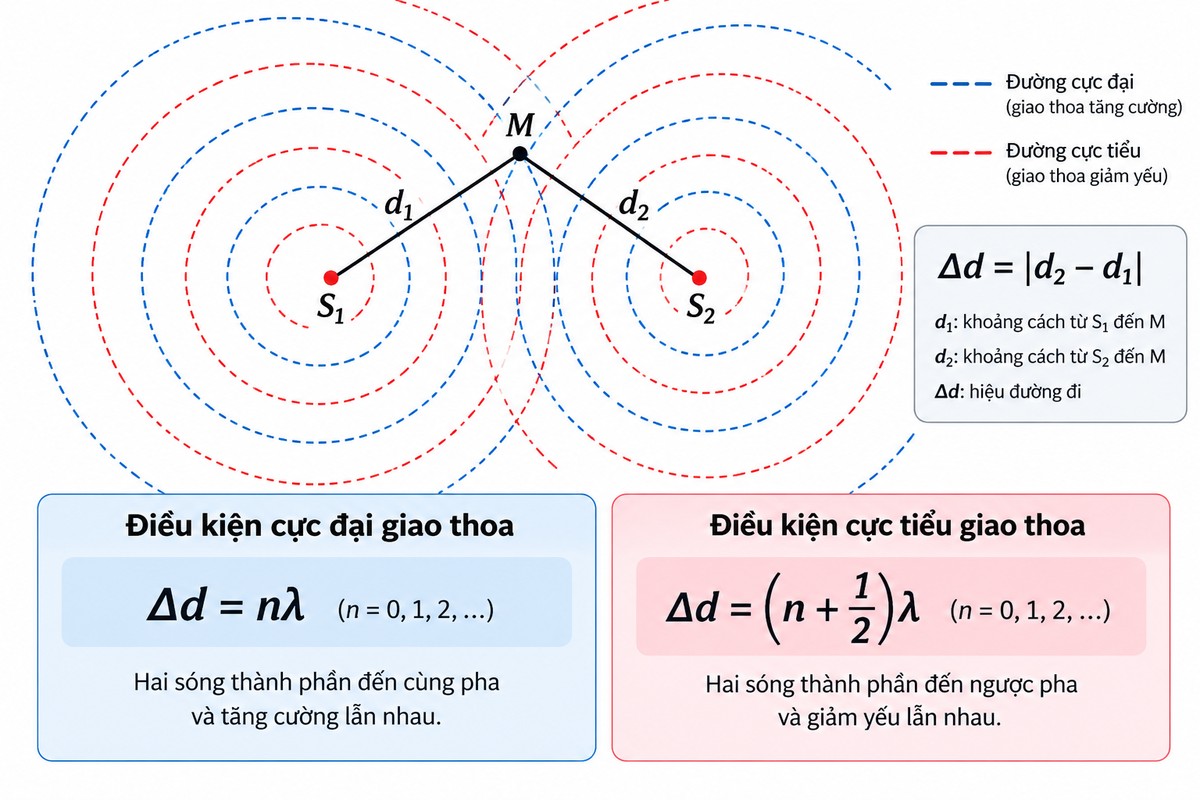 Minh họa giao thoa sóng hai nguồn S1, S2 với điểm M, khoảng cách d1, d2 và điều kiện cực đại cực tiểu Sơ đồ giao thoa của hai nguồn kết hợp S1 và S2, thể hiện điểm M, hiệu đường đi và điều kiện để xuất hiện cực đại, cực tiểu.
