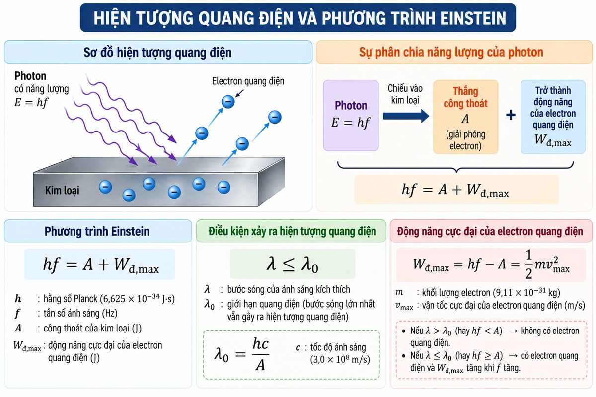 hiện tượng quang điện với photon năng lượng hf, công thoát A, động năng cực đại và phương trình Einstein mô tả sự phân chia năng lượng photon trong hiện tượng quang điện và điều kiện để electron bật khỏi kim loại.
