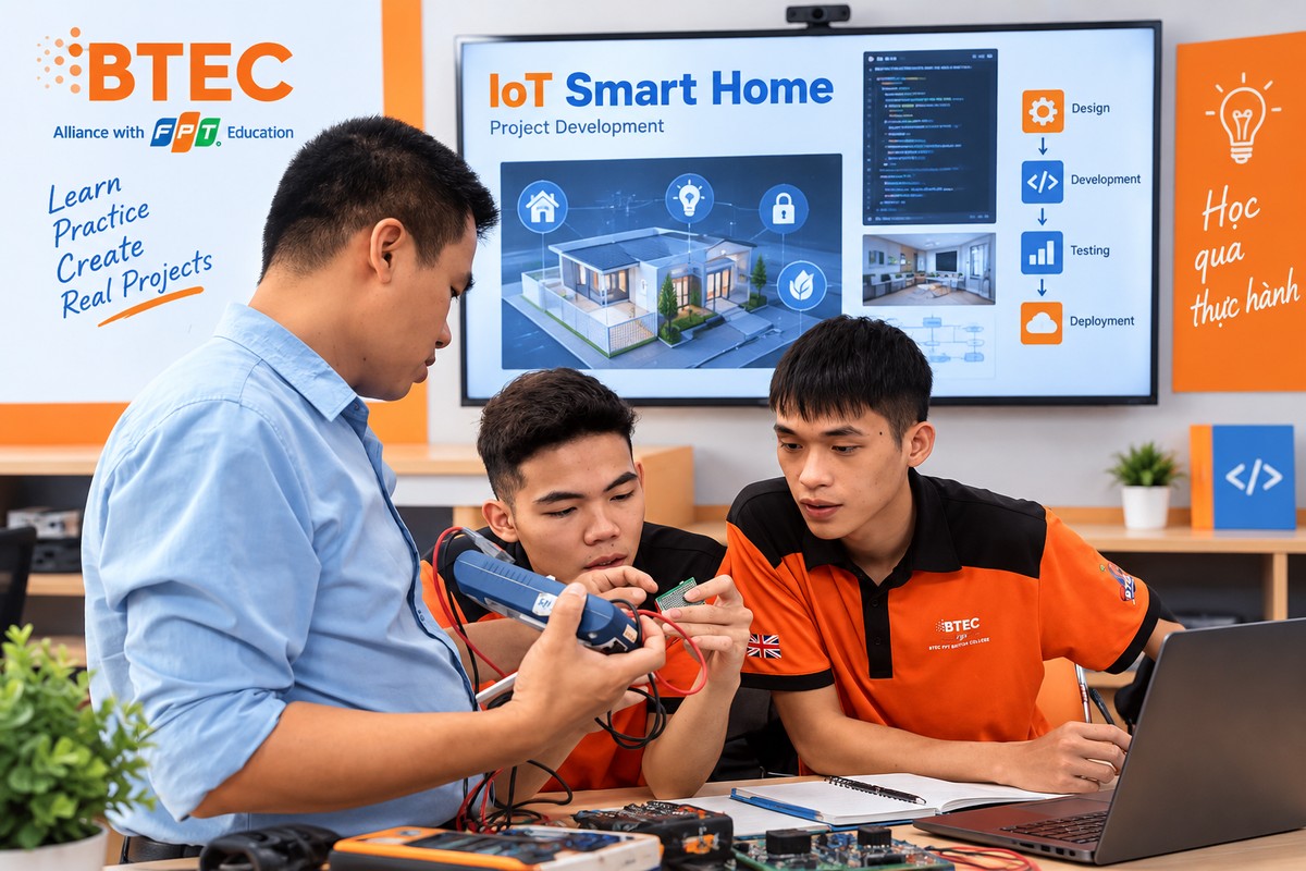 Nhóm học viên BTEC FPT thực hành dự án công nghệ cùng giảng viên và chuyên gia doanh nghiệp trong phòng học Học viên BTEC FPT cùng giảng viên và chuyên gia doanh nghiệp thực hành dự án công nghệ, kết hợp thao tác thiết bị với theo dõi nội dung trên máy tính.