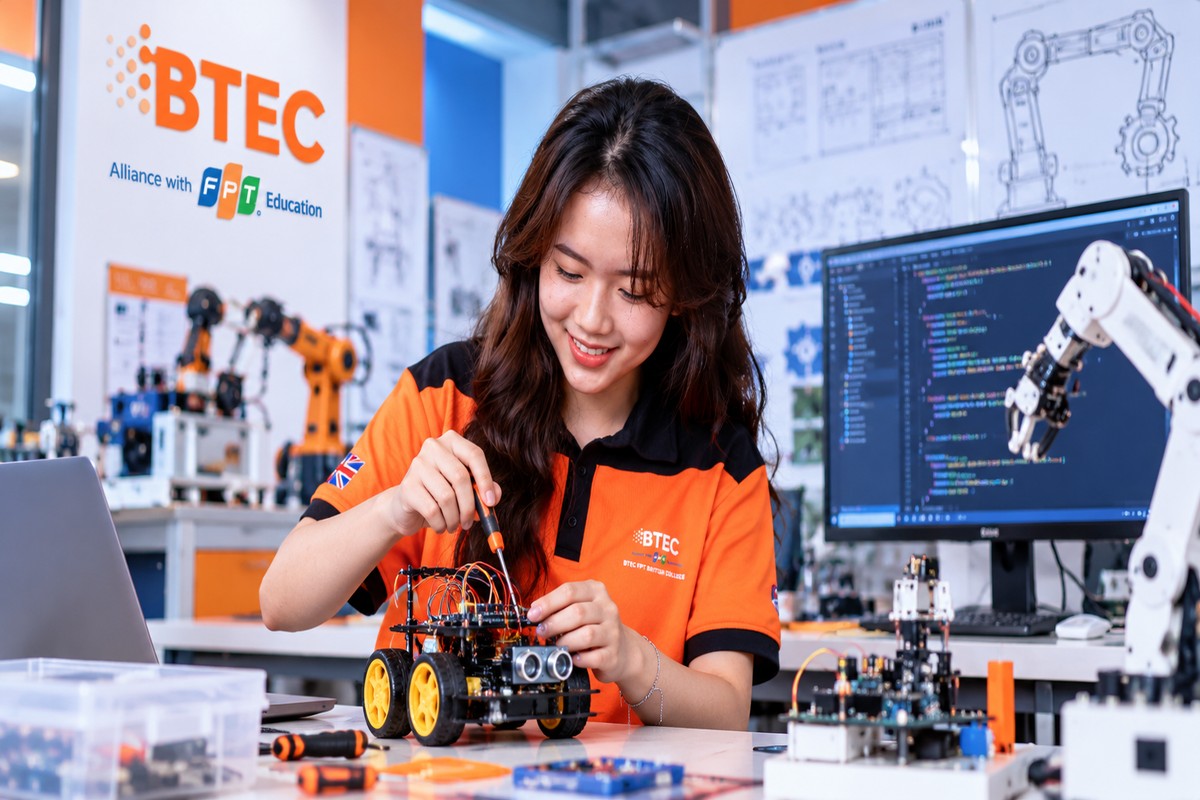 Học sinh thử nghiệm robot và quan sát bảng mạch trong phòng thực hành, thể hiện sự kết nối giữa khối A00 và công nghệ ứng dụng Học sinh vận dụng kiến thức Toán, Vật lý và Hóa học trong hoạt động thử nghiệm robot, bảng mạch và lập trình tại phòng thực hành.