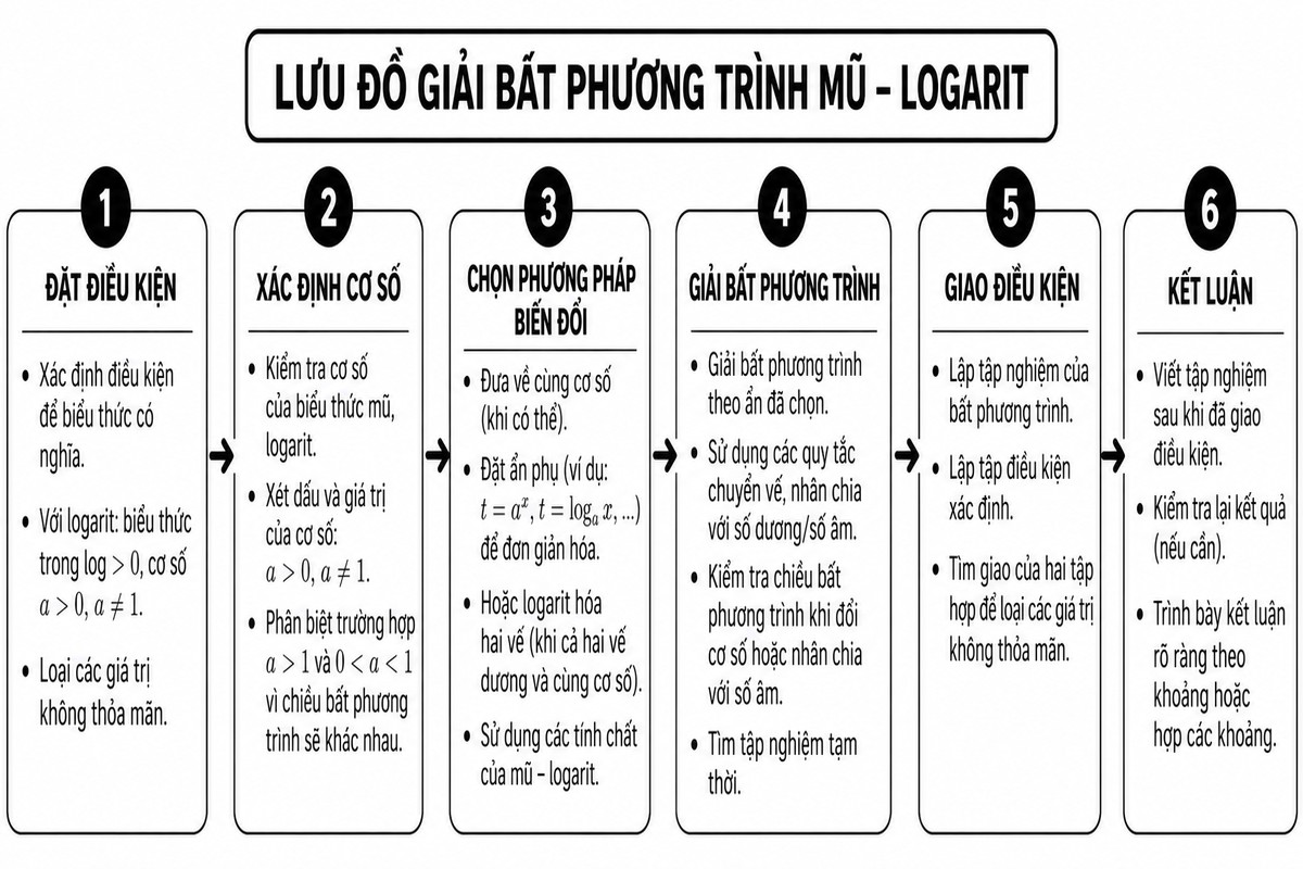 Lưu đồ giải bất phương trình mũ logarit gồm đặt điều kiện, xác định cơ số, chọn phương pháp biến đổi, giải, giao điều kiện và kết luận 6 bước giải bất phương trình mũ – logarit từ đặt điều kiện đến kết luận tập nghiệm.