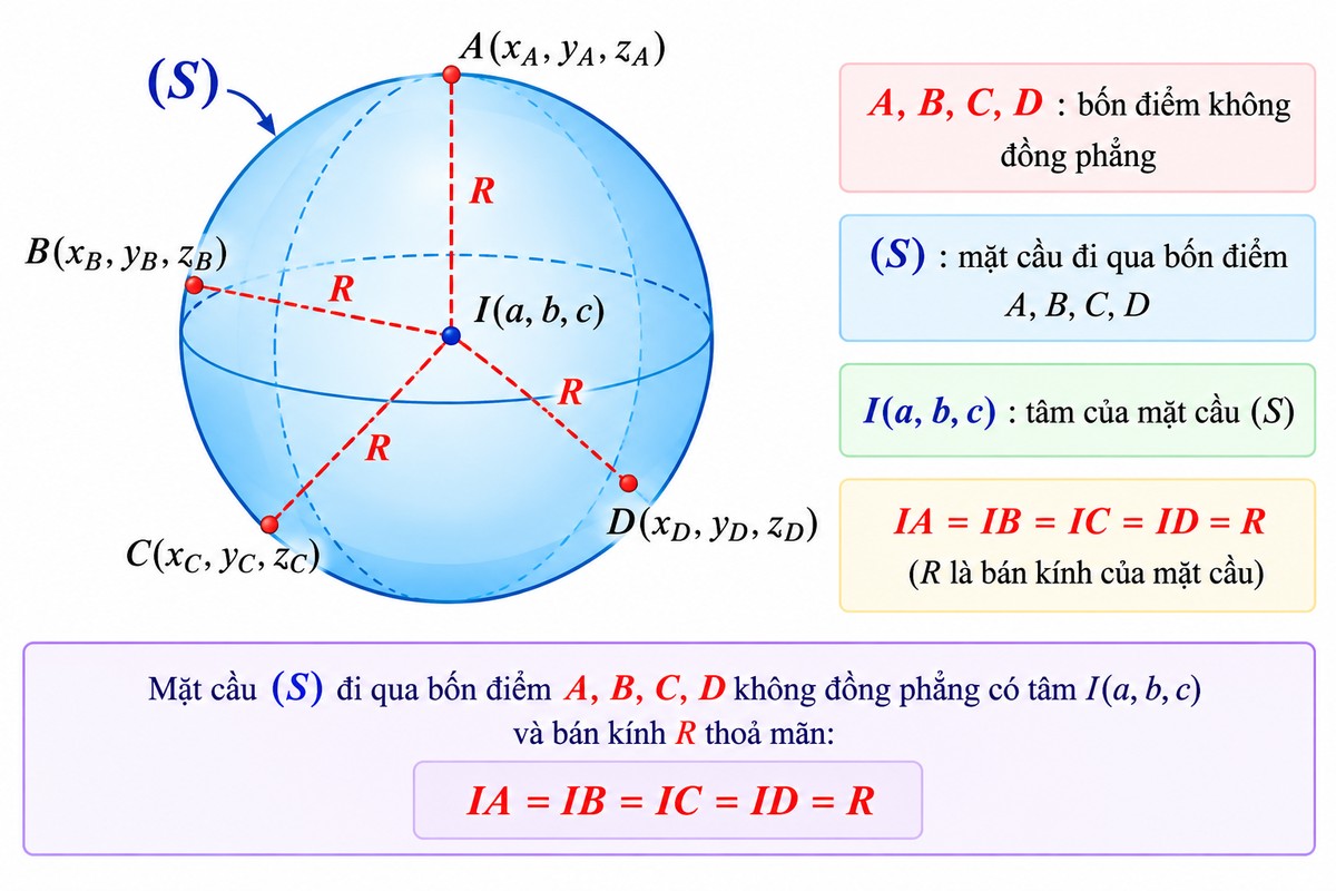 Mặt cầu S đi qua bốn điểm A, B, C, D không đồng phẳng với tâm I và các bán kính bằng nhau Sơ đồ hình học không gian nền trắng minh họa mặt cầu \((S)\) đi qua bốn điểm \(A,B,C,D\) không đồng phẳng. Tâm \(I\) nằm bên trong mặt cầu và được nối với bốn điểm bằng các bán kính bằng nhau, thể hiện quan hệ \(IA=IB=IC=ID=R\).