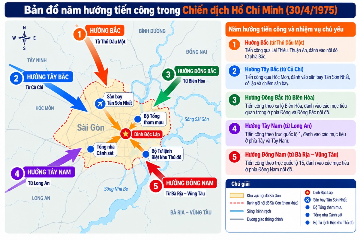 Bản đồ năm hướng tiến công trong Chiến dịch Hồ Chí Minh ngày 30/4/1975 bản đồ thể hiện 5 hướng tiến công trong Chiến dịch Hồ Chí Minh và các mục tiêu trọng yếu tại Sài Gòn.