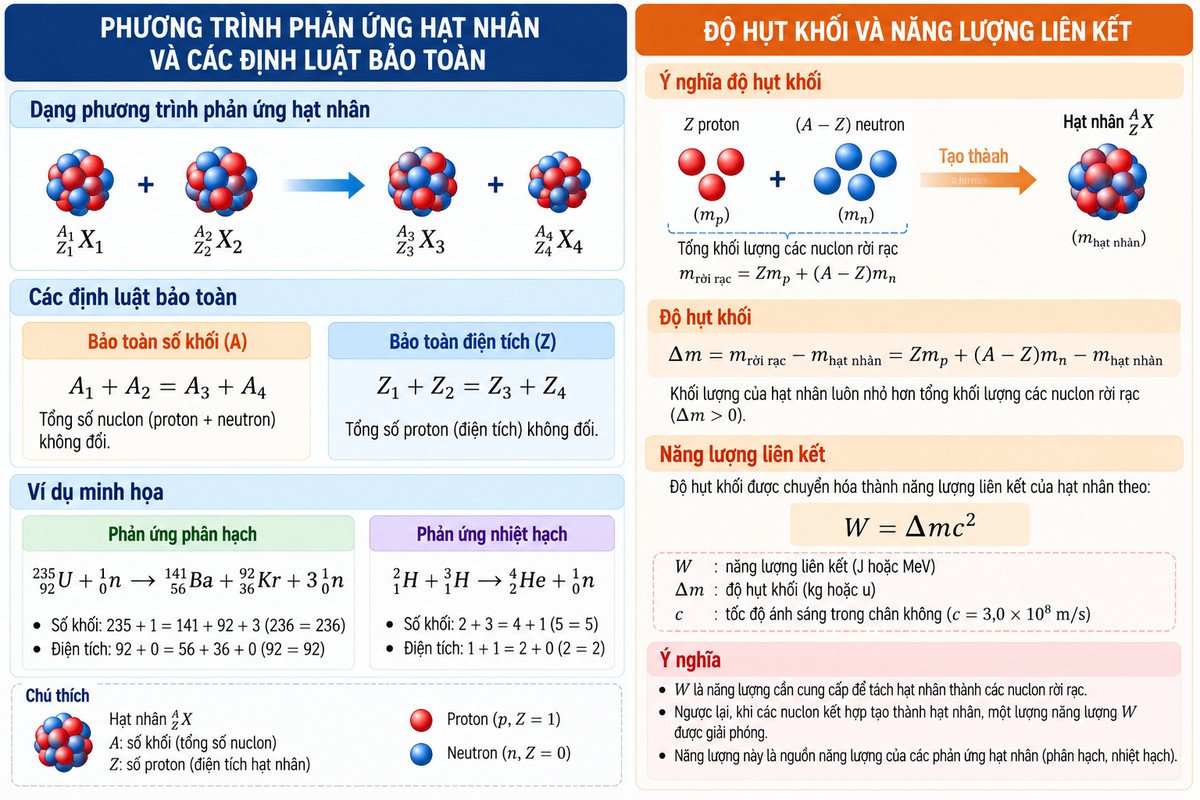 phản ứng hạt nhân, bảo toàn số khối và điện tích, độ hụt khối và năng lượng liên kết theo W = Δmc² hệ thống phương trình phản ứng hạt nhân, các định luật bảo toàn và mối liên hệ giữa độ hụt khối với năng lượng liên kết.