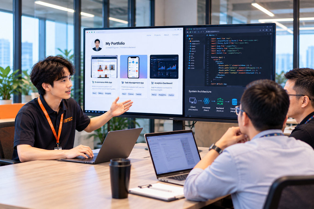 Thị trường tuyển dụng CNTT ưu tiên kỹ sư phần mềm có năng lực thực hành Hình ảnh buổi phỏng vấn kỹ thuật trong doanh nghiệp, ứng viên trình bày kiến trúc hệ thống, mã nguồn và Portfolio trước hai chuyên gia công nghệ.