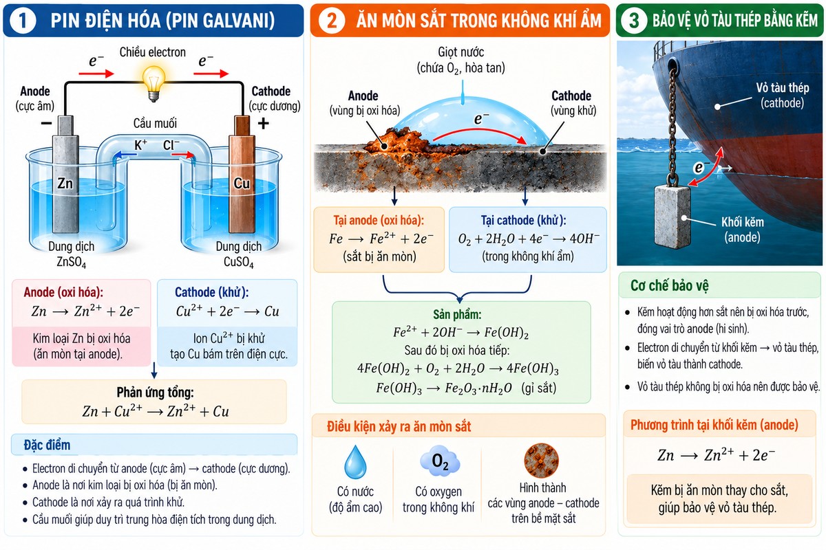 minh họa cơ chế pin điện hóa, quá trình ăn mòn sắt trong không khí ẩm và phương pháp bảo vệ vỏ tàu thép bằng kẽm hi sinh.