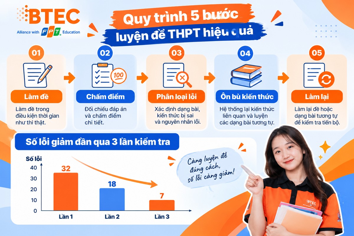 Quy trình 5 bước luyện đề THPT hiệu quả gồm làm đề, chấm điểm, phân loại lỗi, ôn bù kiến thức và làm lại 5 bước luyện đề THPT gồm Làm đề → Chấm điểm → Phân loại lỗi → Ôn bù kiến thức → Làm lại, kèm biểu đồ số lỗi giảm dần qua ba lần kiểm tra.