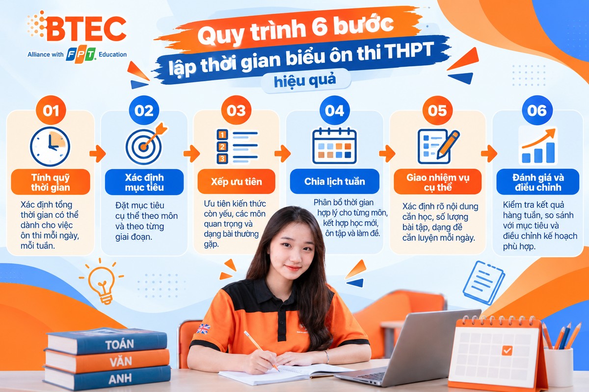 Quy trình 6 bước lập thời gian biểu ôn thi THPT gồm tính quỹ thời gian, xác định mục tiêu, xếp ưu tiên, chia lịch tuần, giao nhiệm vụ và đánh giá điều chỉnh quy trình “Tính quỹ thời gian → Xác định mục tiêu → Xếp ưu tiên → Chia lịch tuần → Giao nhiệm vụ cụ thể → Đánh giá và điều chỉnh”