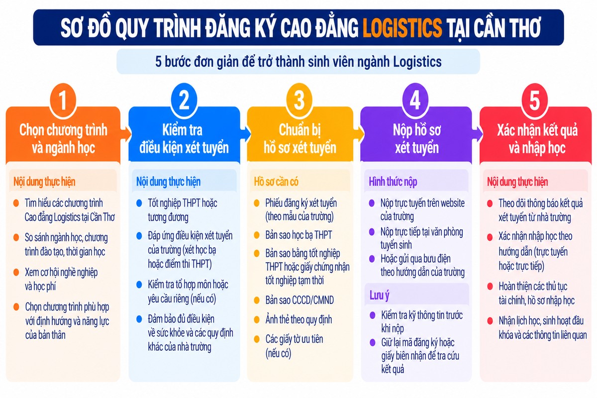 Sơ đồ quy trình đăng ký Cao đẳng Logistics tại Cần Thơ gồm 5 bước từ chọn chương trình đến xác nhận nhập học hướng dẫn 5 bước đăng ký Cao đẳng Logistics tại Cần Thơ từ chọn chương trình, kiểm tra điều kiện đến hoàn tất nhập học.