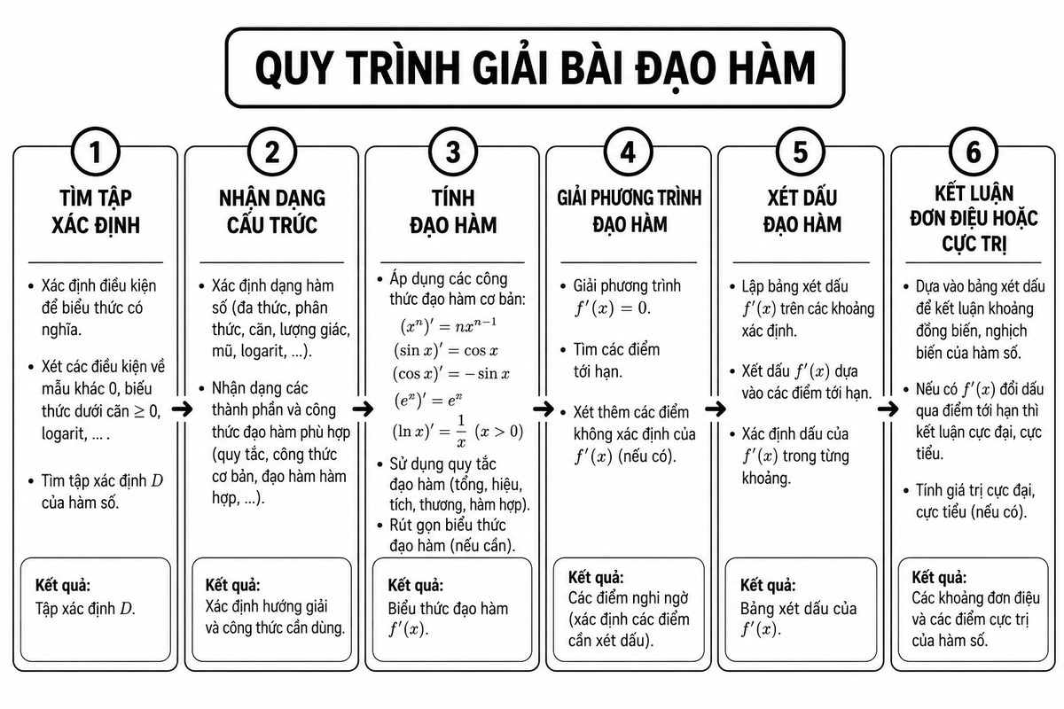 6 bước giải bài đạo hàm, chỉ gồm nội dung và mũi tên, không sử dụng hình minh họa.