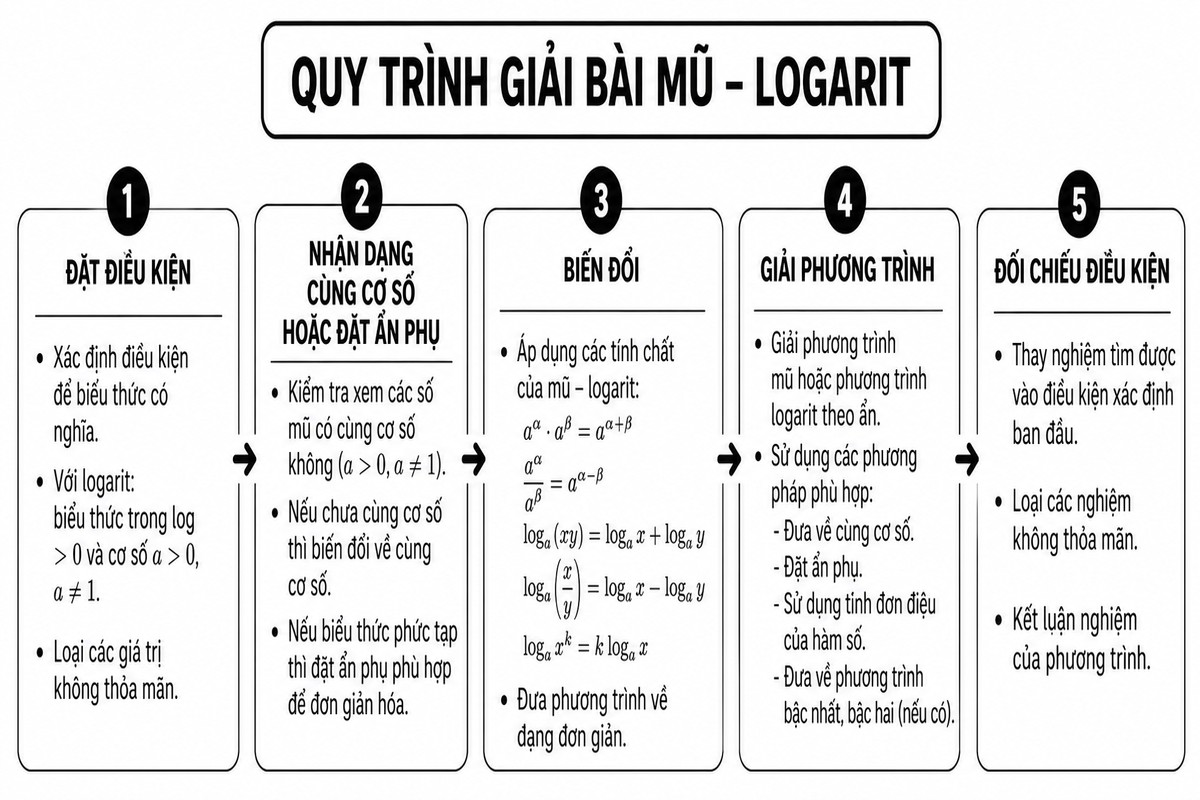 Sơ đồ quy trình giải bài mũ logarit gồm đặt điều kiện, nhận dạng cùng cơ số hoặc đặt ẩn phụ, biến đổi, giải phương trình và đối chiếu điều kiện 5 bước giải bài mũ – logarit từ đặt điều kiện đến đối chiếu nghiệm.
