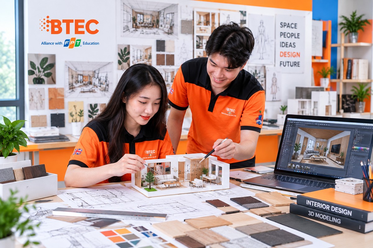 Sinh viên BTEC FPT dựng mô hình không gian và phối cảnh nội thất với bản vẽ kỹ thuật, bảng vật liệu và phần mềm 3D Sinh viên BTEC FPT thực hành dựng mô hình không gian, lựa chọn vật liệu và hoàn thiện phối cảnh nội thất bằng phần mềm thiết kế 3D.