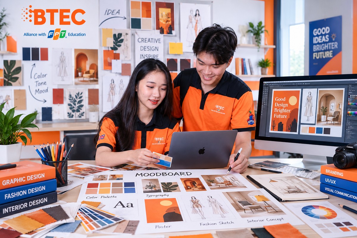 Sinh viên BTEC FPT làm moodboard với mẫu màu, kiểu chữ, poster, bản phác thảo thời trang và phối cảnh nội thất Sinh viên BTEC FPT cùng xây dựng moodboard, lựa chọn màu sắc, kiểu chữ, hình ảnh và hoàn thiện ý tưởng thiết kế trên máy tính.
