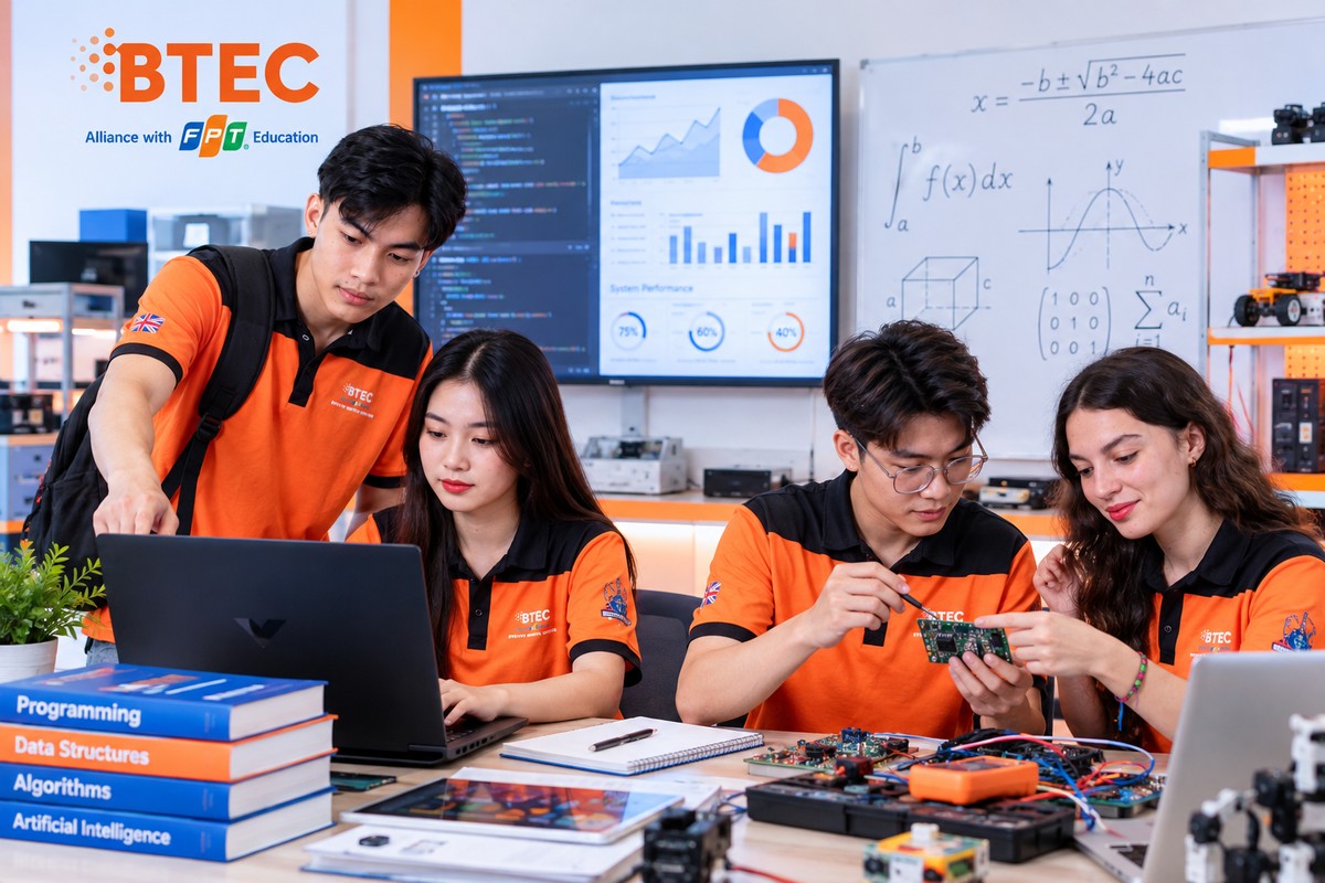 Sinh viên BTEC FPT lập trình trên máy tính, kiểm tra bảng mạch và phân tích dữ liệu trong phòng thực hành công nghệ Nhóm sinh viên BTEC FPT thực hành lập trình, kiểm tra bảng mạch và theo dõi dữ liệu trong môi trường học tập công nghệ.