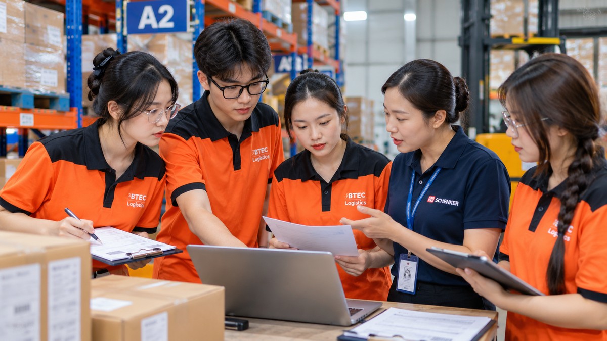 Sinh viên Logistics thực hành kiểm tra chứng từ, theo dõi dữ liệu tồn kho và trao đổi với đại diện doanh nghiệp tại khu vực kho vận Sinh viên Logistics thực hành kiểm tra chứng từ, theo dõi dữ liệu tồn kho và trao đổi nghiệp vụ cùng đại diện doanh nghiệp trong môi trường kho vận thực tế.