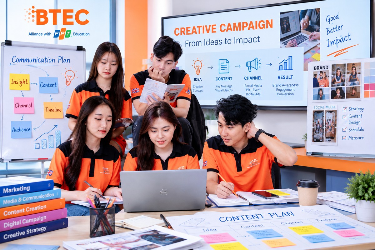 Nhóm sinh viên BTEC FPT thảo luận kịch bản truyền thông và thuyết trình ý tưởng với laptop, sổ ghi chép và bảng kế hoạch nội dung Nhóm sinh viên BTEC FPT cùng xây dựng kịch bản truyền thông, phát triển ý tưởng và chuẩn bị nội dung thuyết trình trong môi trường học tập thực tế.