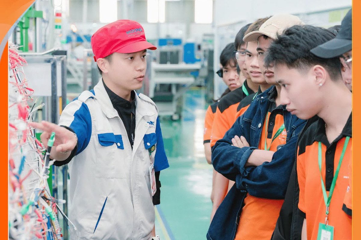 Sinh viên BTEC FPT thực hành quan sát bảng mạch bán dẫn Hình ảnh sinh viên BTEC FPT tham quan và quan sát trực tiếp hệ thống bảng mạch trong môi trường kỹ thuật, phù hợp minh họa cho các nội dung về bán dẫn, vi mạch, thực hành và trải nghiệm doanh nghiệp.
