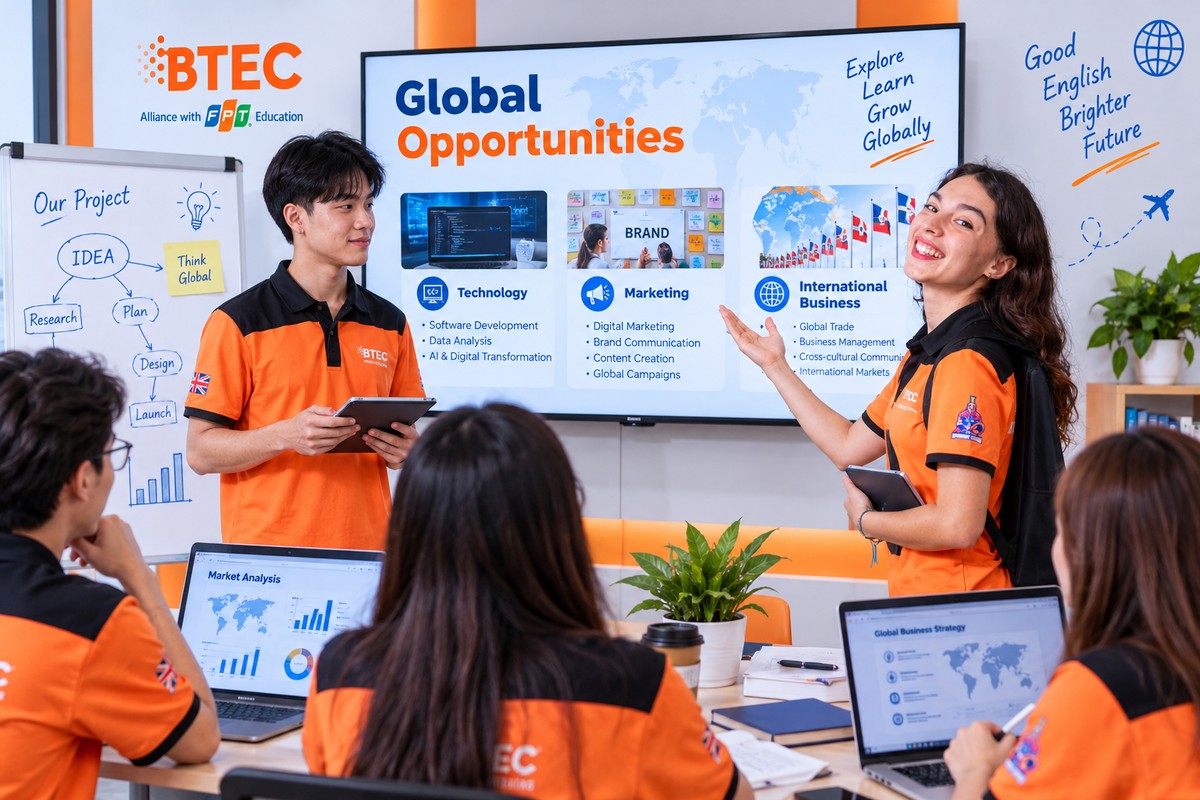 Nhóm sinh viên BTEC FPT thuyết trình dự án bằng tiếng Anh về công nghệ, Marketing và kinh doanh quốc tế Nhóm sinh viên BTEC FPT sử dụng tiếng Anh để thuyết trình dự án trong môi trường học tập hiện đại, kết nối các lĩnh vực công nghệ, Marketing và kinh doanh quốc tế.
