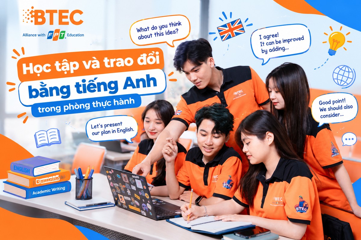 Nhóm sinh viên BTEC FPT trao đổi bằng tiếng Anh trong phòng thực hành Nhóm sinh viên BTEC FPT cùng trao đổi, thảo luận bằng tiếng Anh trong môi trường học tập thực hành.