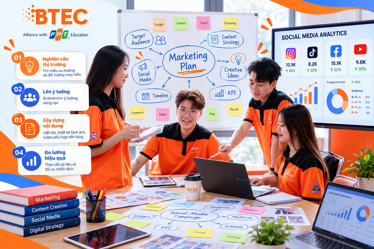 Nhóm sinh viên cùng xây dựng kế hoạch truyền thông, phát triển ý tưởng nội dung và theo dõi số liệu mạng xã hội trong quá trình làm dự án. Nhóm sinh viên xây dựng kế hoạch truyền thông với bản thảo nội dung, bản đồ ý tưởng và số liệu mạng xã hội