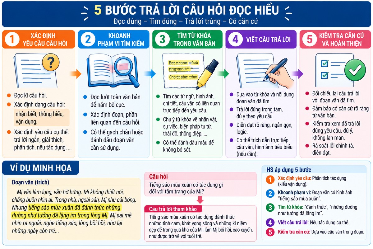 Sơ đồ 5 bước trả lời câu hỏi đọc hiểu gồm xác định yêu cầu, khoanh phạm vi, tìm từ khóa, viết câu trả lời và kiểm tra căn cứ hướng dẫn quy trình trả lời câu hỏi đọc hiểu theo 5 bước, kèm một ví dụ áp dụng ngắn.