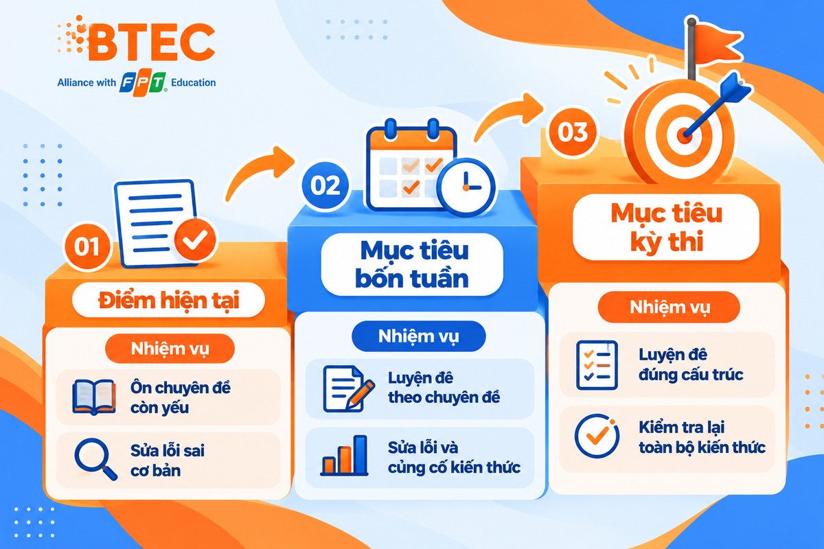 Sơ đồ ba tầng Điểm hiện tại – Mục tiêu bốn tuần – Mục tiêu kỳ thi với nhiệm vụ ôn chuyên đề, luyện đề, sửa lỗi và kiểm tra lại Ba tầng mục tiêu giúp học sinh đi từ năng lực hiện tại đến mục tiêu bốn tuần và mục tiêu kỳ thi bằng các nhiệm vụ ôn tập cụ thể.
